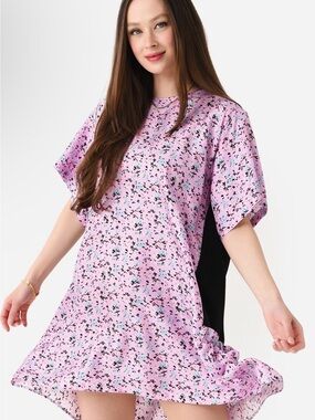 Brogger NWT Womens’s Lily Silk Mini Pink Flowers Dress Sz L Festival Cottagecore